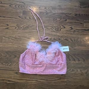 Kollyy feathered pink halter crop top